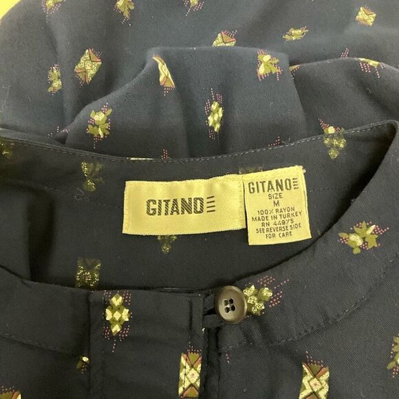 Vintage Gitano Women's Small Blue Print Button Down 3/4 Sleeve Midi Dress - Picture 12 of 14